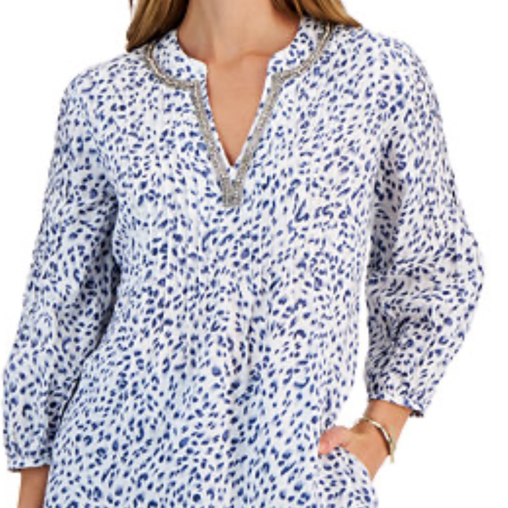 Charter Club Blue and White Printed Tunic Top